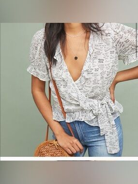 MAEVE Love Note Woven Script Wrap Blouse